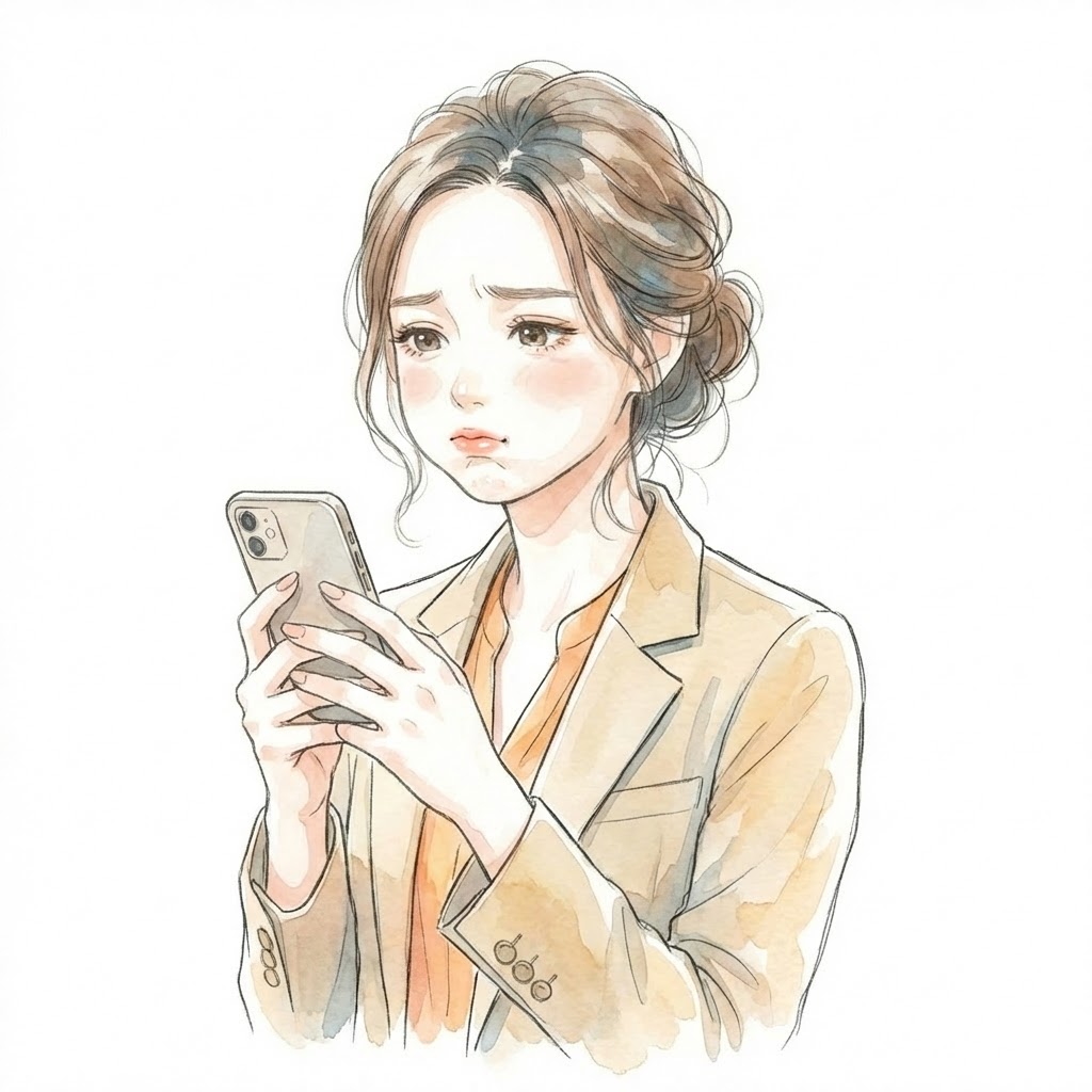 スマホを見て少し凹んでいるワーママのイラスト
