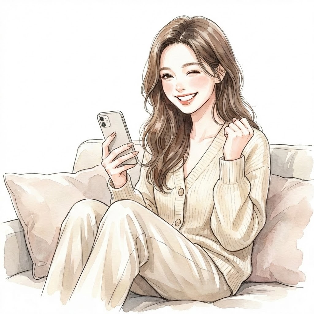 e-Taxで還付金が戻り、ソファで喜ぶワーママのイラスト
