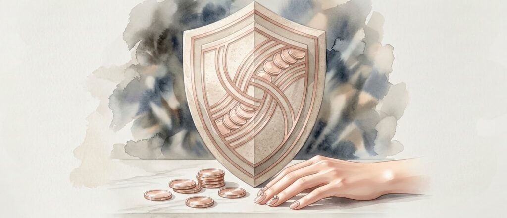 洗練されたサンドストーンとローズゴールドの盾によって、チャリンと入るJT配当金（コイン）と穏やかな心が守られている、