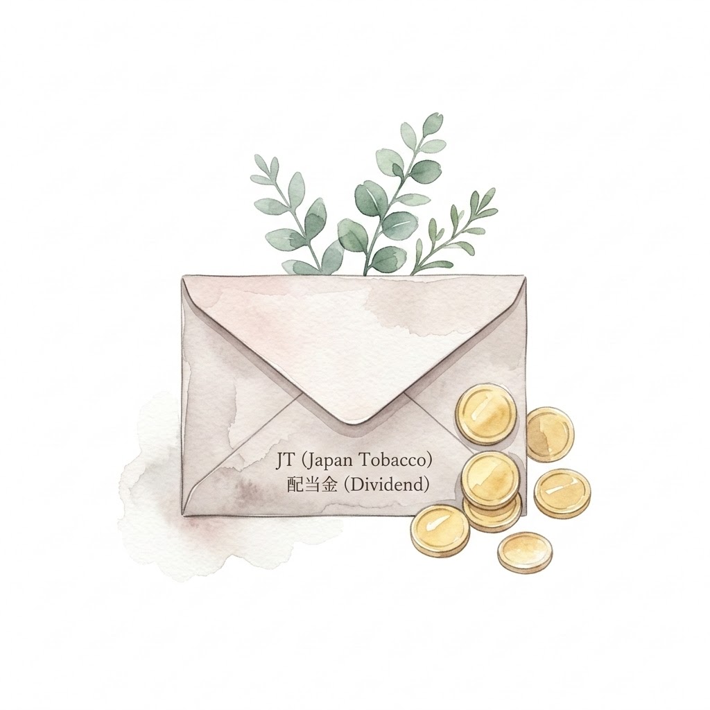 JTの封筒から植物が育ち、コインが添えられたイラスト（高配当株による精神安定を表現）