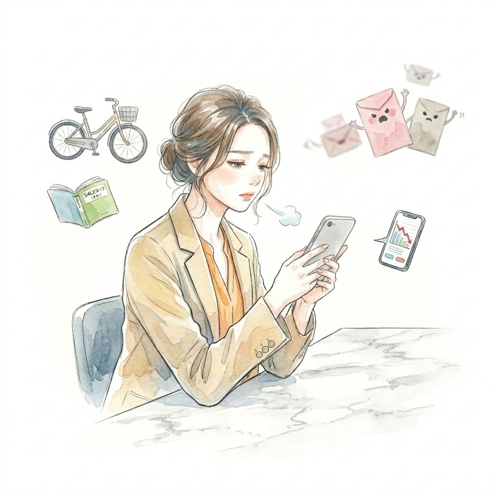 春の出費ラッシュ（通信教材10万、自転車パンク、遠くの税金）に囲まれて白目をむくワーママの共感イラスト