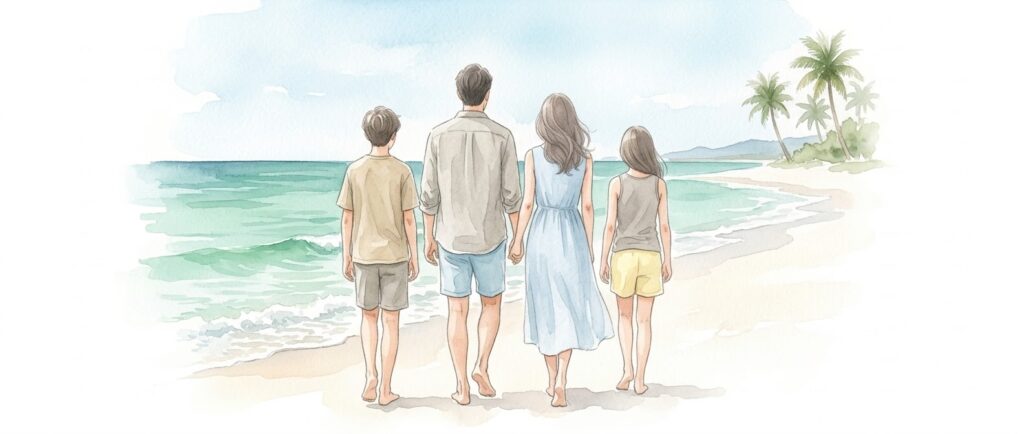 沖縄のビーチを歩く家族4人のイラスト