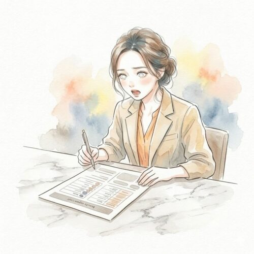 大人料金の旅行明細を見て驚く女性のイラスト