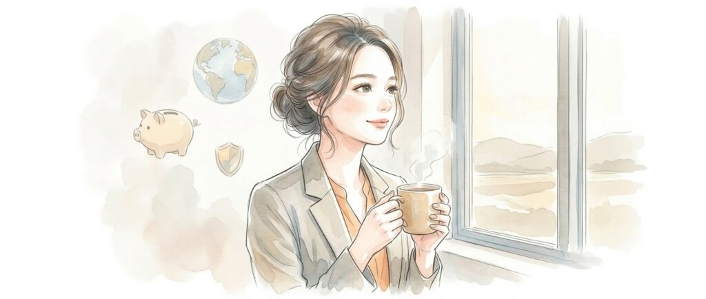 窓の外を眺めながら資産防衛について考えるワーママのイラスト