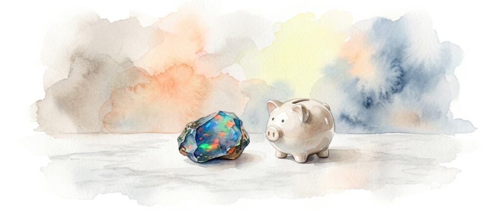 シンプルな貯金箱と美しく輝くブラックオパールの水彩画イラスト