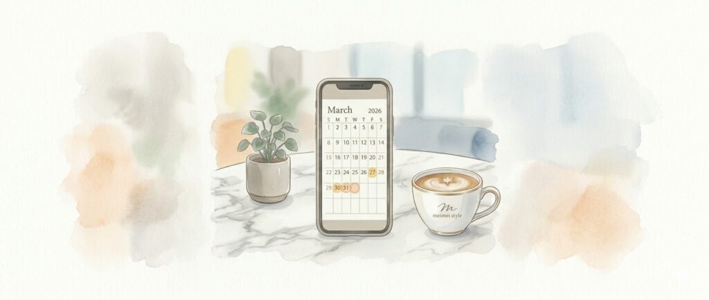 カレンダーとスマホが置かれたテーブル（3月の配当金スケジュール）