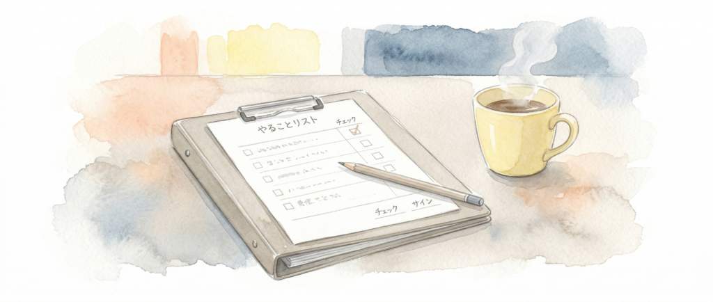 リビングのテーブルに置かれたタスク管理用のチェックリストとコーヒー
