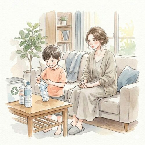 自分のことを自分でする子供を温かく見守る母親の様子