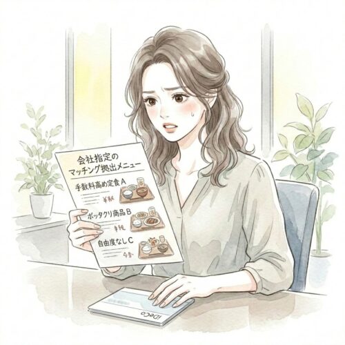マッチング拠出の「会社ガチャ」に外れ、手数料の高いボッタクリ商品メニューを見てぎょっとしている女性のイラスト