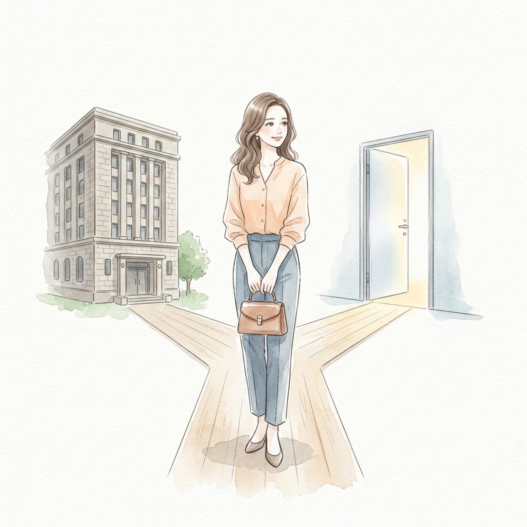 定年まで勤めるか、転職の可能性を残すかで選択制DCかiDeCoかを悩むワーママのイラスト