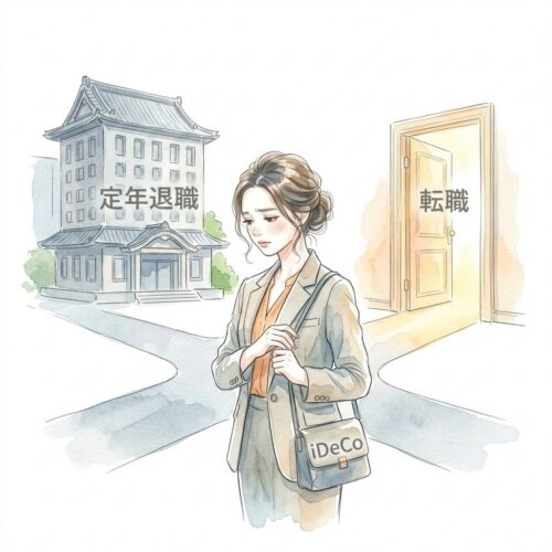 定年まで勤めるか、転職の可能性を残すかで選択制DCかiDeCoかを悩むワーママのイラスト