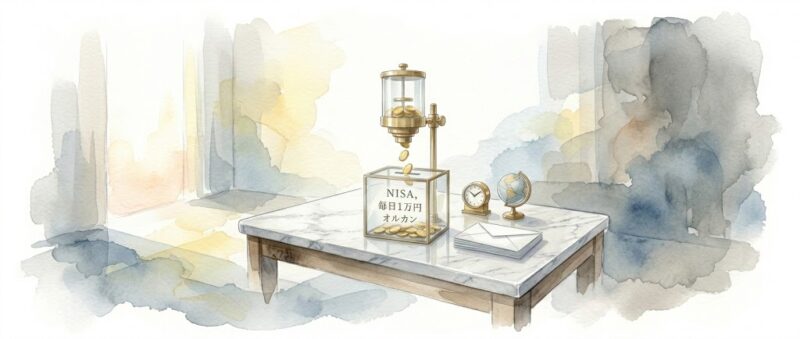 スマホでNISAの毎日積立を設定するアラフォーワーママの水彩画イラスト