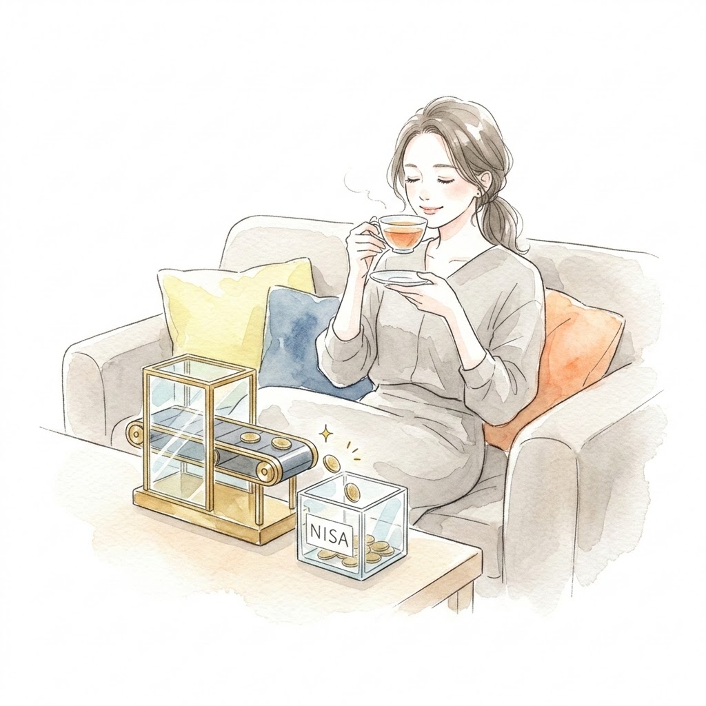 お茶を飲みながらNISAのオルカン自動積立を眺めるズボラなワーママのイラスト
