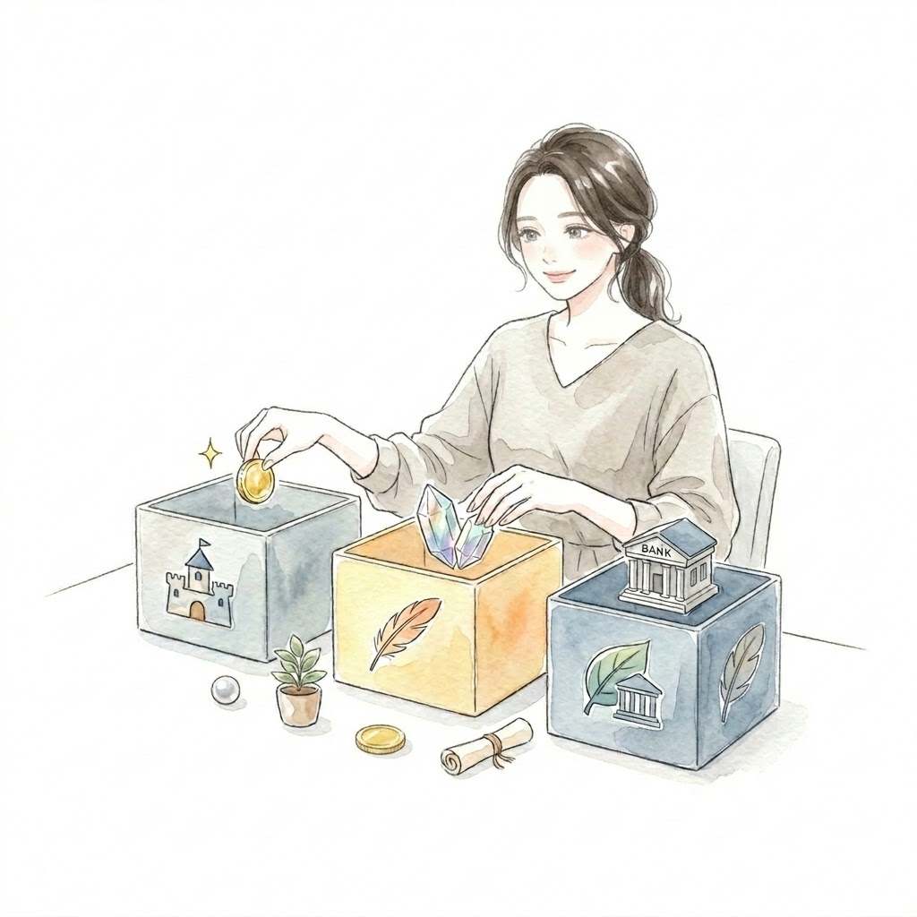 老後資金や固有資産など目的別に投資の箱を使い分けるアラフォーワーママのイラスト
