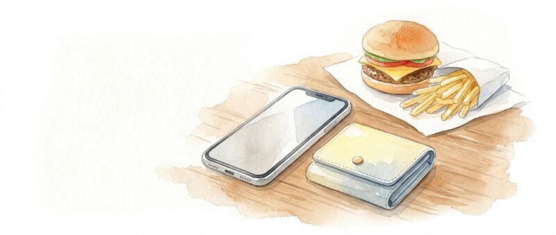 高学年のお小遣い管理とマクドナルドの株主優待をイメージした水彩画イラスト