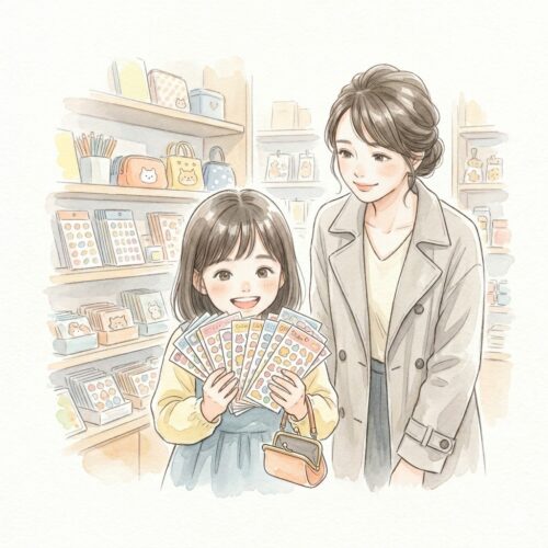 お小遣いを使い果たした子供と、それを「アホやな〜」と温かく見守る母親の水彩画イラスト