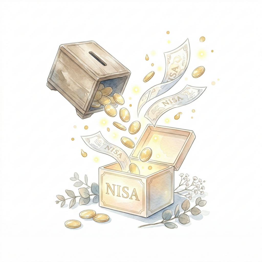 特定口座の社会保険料への反映リスクをNISAの盾で防ぐワーママの水彩画イラスト