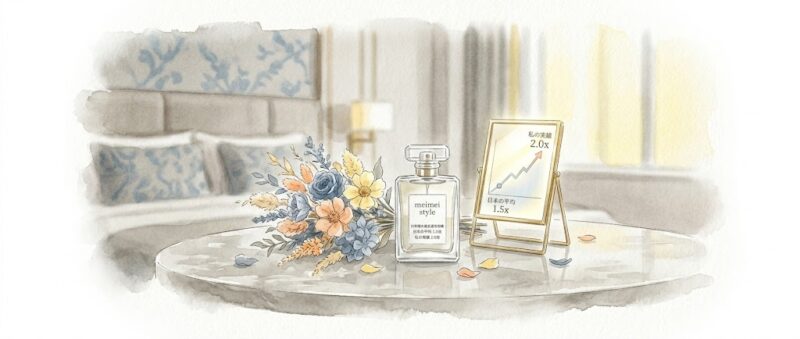 日本の平均資産増加率と15年で2倍になった実績を比較したイメージ