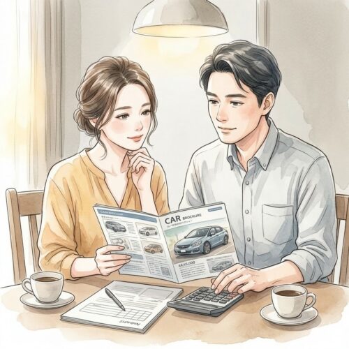 ダイニングテーブルで車のカタログと電卓を見ながら、夫婦でローンや金利の価値観をすり合わせるイラスト。