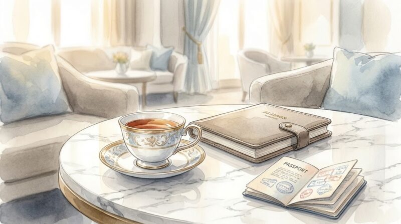 将来の豊かな旅行を思わせる、高級ホテルのラウンジでのティータイムの水彩画イラスト