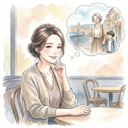 将来、孫に旅行をプレゼントできるおばあちゃんになることを夢見るメイメイのイラスト