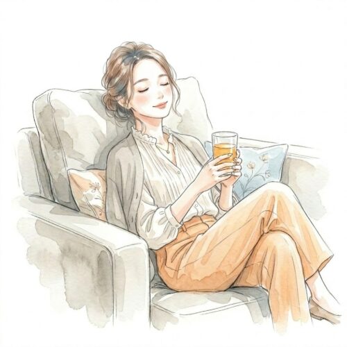 イオンラウンジのソファでりんごジュースを片手に目を閉じて休憩するワーママ