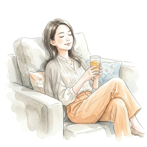 イオンラウンジのソファでりんごジュースを片手に目を閉じて休憩するワーママ