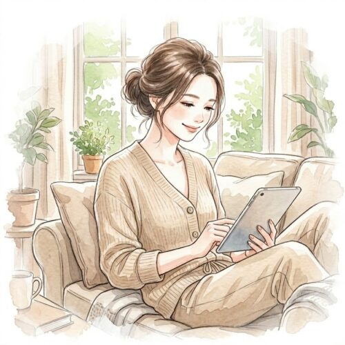 自宅の明るいリビングで、穏やかな表情でタブレット端末を見つめるアラフォーワーママのイラスト