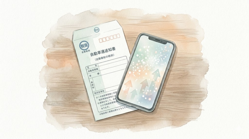 自動車税の納付書とスマホのポイント運用イメージ