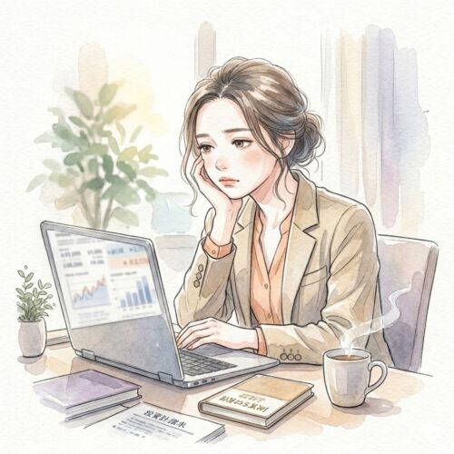 パソコンの前で退屈そうにほおづえをつくメイメイのイラスト
