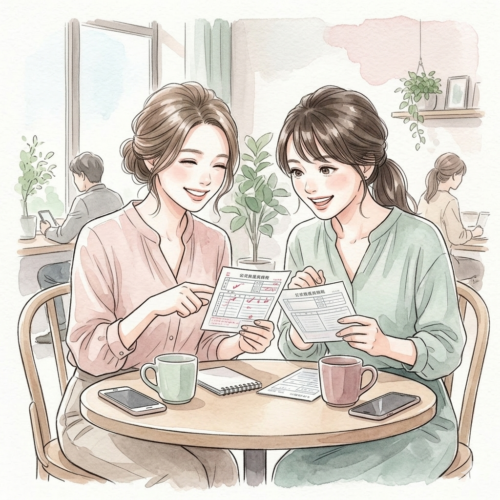 カフェで仲良く住民税の書類を見せ合いながら話すワーママ同期のイラスト