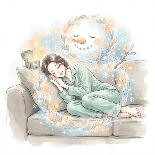 アラフォー女性が「ゆる〜く気絶」して眠っている間に、資産が魔法のように雪だるま式に育っていく様子を表現した水彩画