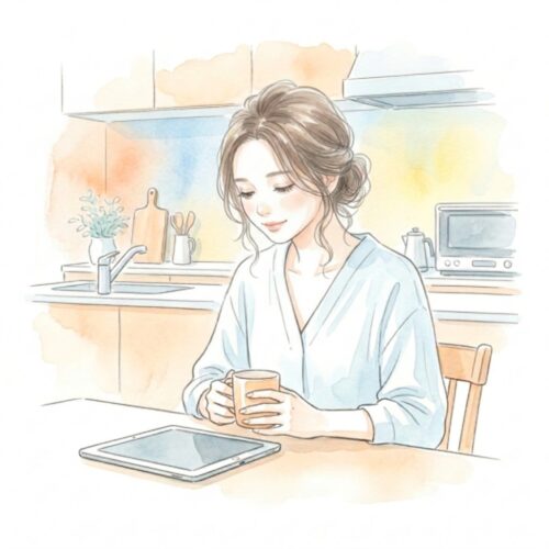 最新ニュースを冷静に確認するアラフォーワーママのイラスト