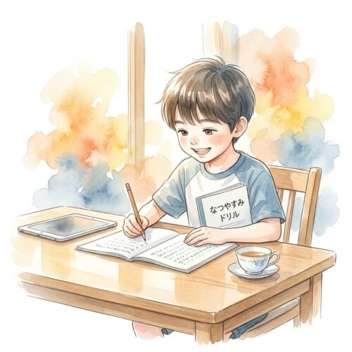 自宅リビングでオンライン教材を使って自立して学習する子どもの姿