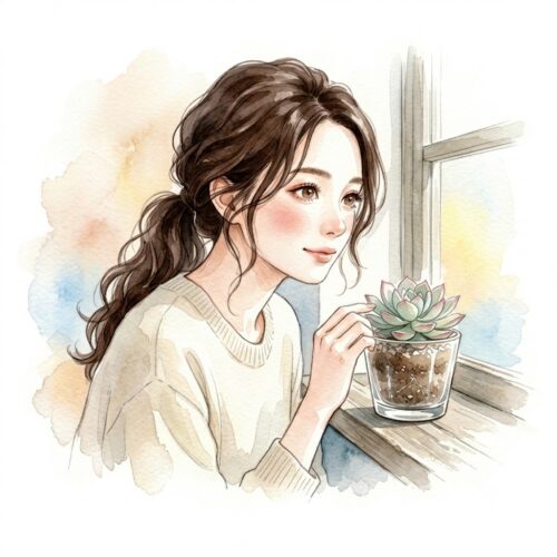 窓辺からの明るい光の中で、小さなガラスの器に入った多肉植物を愛おしそうに眺めている、知的な雰囲気の女性の横顔。