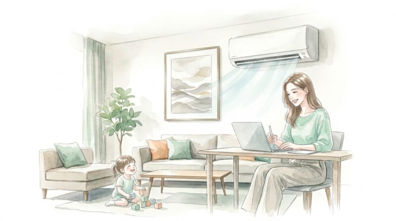 2026年夏の電気代補助金を活用して涼しいリビングで快適に過ごすイメージ