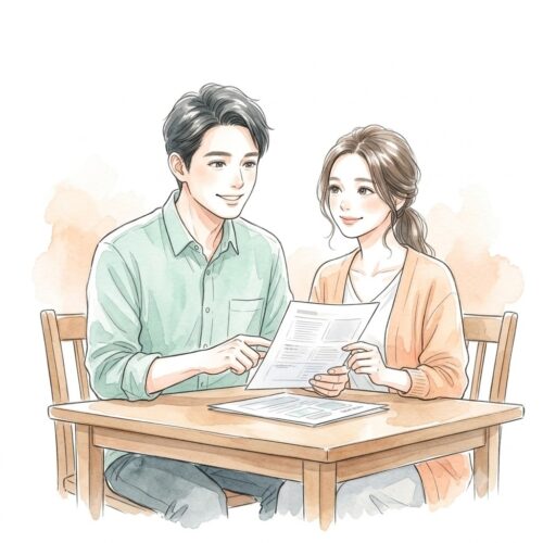 夫婦で穏やかに保険の名義や年末調整の書類を確認するイメージ