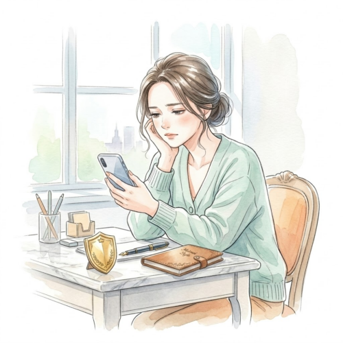 洗練されたデスクでスマートフォンを見つめ、思索にふける上品なメイメイ。苦悩の表情ではなく、知的な落胆と悔しさを感じさせる、雑誌風の水彩画。