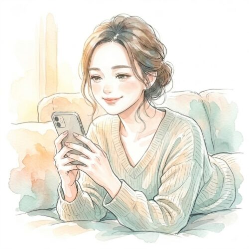 乱高下のニュースを見てもスマホを裏返して落ち着いた表情を見せるアラフォーママのイラスト