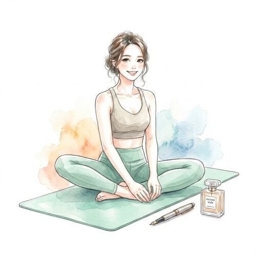 洗練された水彩画風の挿絵、ヨガマットの上で微笑む女性