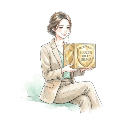 穏やかでキュートな笑顔で、胸元に金の装飾が施された箱（「1000万円の成果とNISAの盾」と刻まれた金の盾が統合されたデザイン）を大切に抱えている。達成感と長期投資の実績（NISA）を象徴する情景。