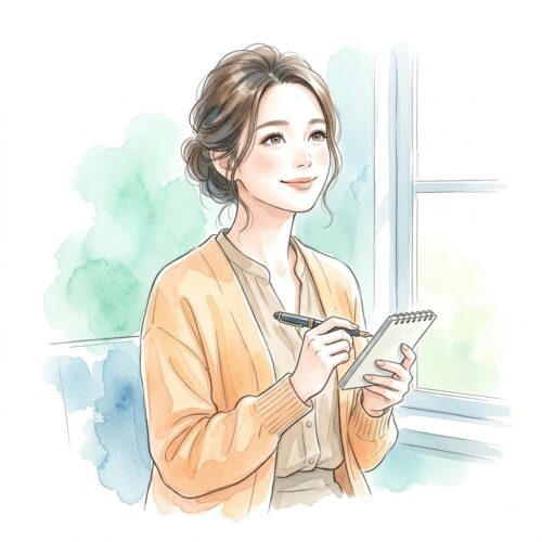 窓辺で外を眺めながら、新しいアイデアをメモするメイメイの優しい水彩画風イラスト
