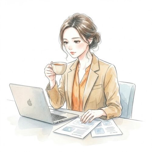 ノートパソコンと資料を見ながら真剣に資金計画を考えるワーママのイラスト