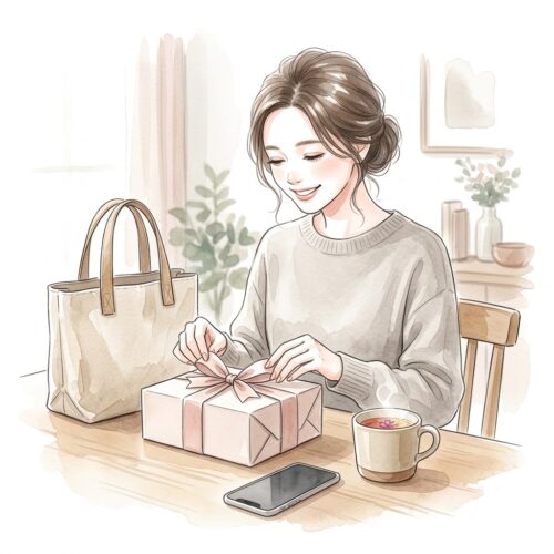 届いたお気に入りの返礼品を開封し、嬉しそうに笑顔を浮かべるワーママの様子