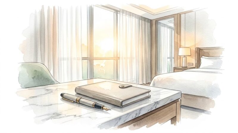 朝の柔らかな光が差し込む落ち着いたデスクと手帳