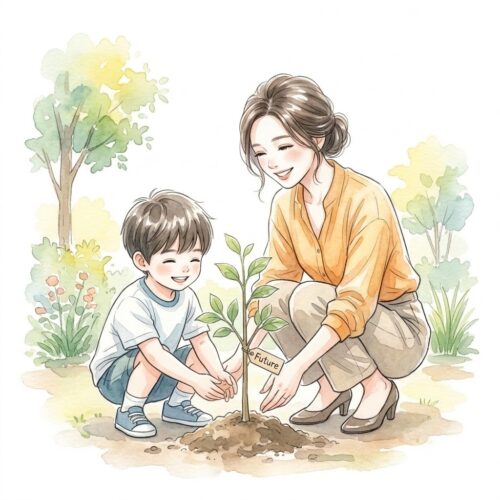 晴れた庭で、メイメイが息子に「Future」の苗木を植える方法を教える