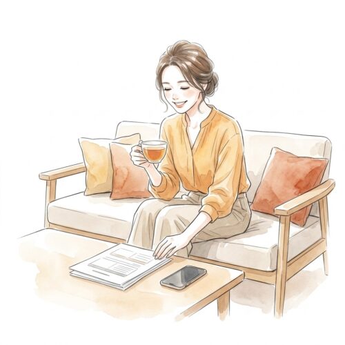 固定費の見直しを終えてホッと一息つくアラフォーワーママの穏やかな笑顔（水彩画風）