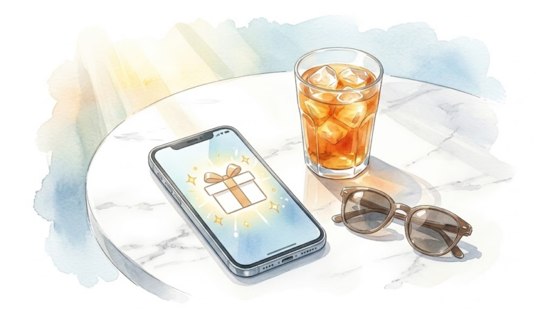 真夏のテーブルでスマホにギフトボックスアイコンと光沢が表示され、トロピカルティーとサングラスが置かれたラグジュアリーな日常の水彩風イラスト