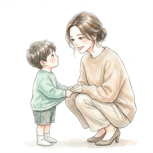 何かをせがむ子どもを愛おしそうに見つめるメイメイ