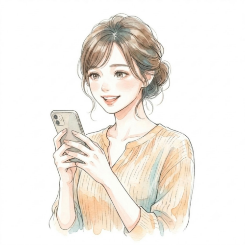 スマホを見て笑顔を見せるアラフォーワーママのイラスト